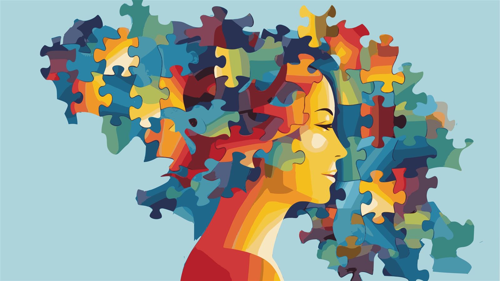 Illustration of a figure formed from interlocking puzzle pieces coming together
